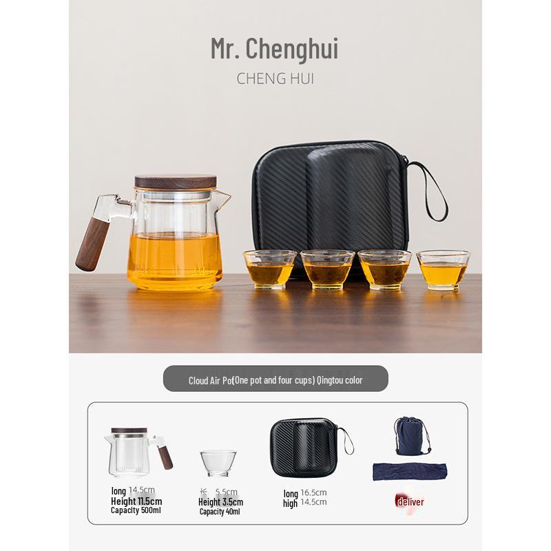 Portable Glass Travel Tea Set: Teapot with Storage Bag and Four Cups
