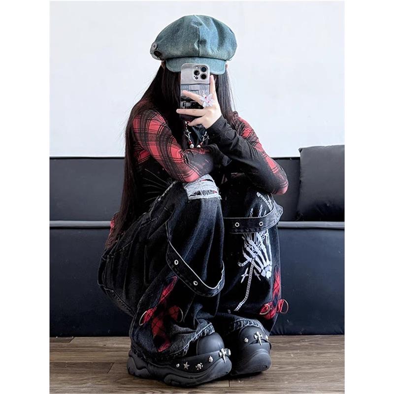 Gothic Punk Style Ripped Wide-Leg Jeans for Women