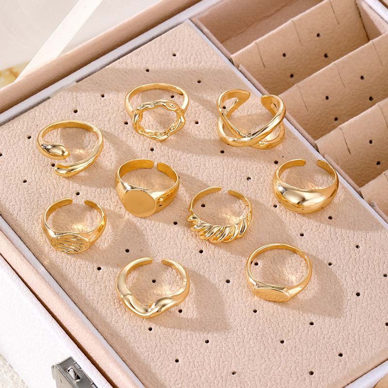 9Pcs/set Gold Color Smooth Geometric Open Rings Set for Women Men Exaggerated Metal Irregular Adjustable Rings Jewelry Gifts