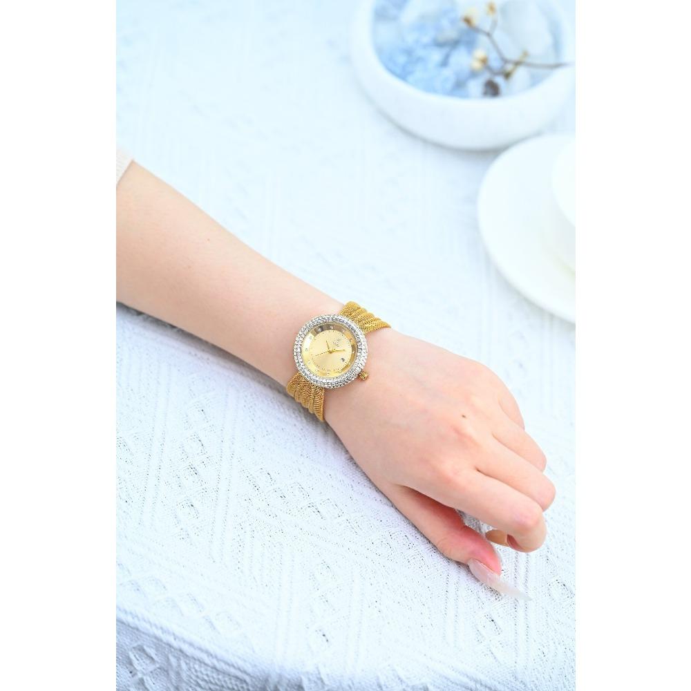 Elegant Women Waterproof Quartz Watch Rhinestone Decor Bezel Date Dial Wide Mesh Metal Band