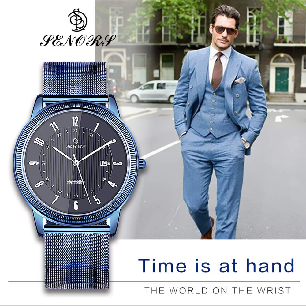 Herrenuhr, Ultra-dünn, Klassisch, Schlicht, Schwarzes Edelstahl, Mode, Freizeit, mit Kalender, Wasserdicht, Mailänder Stil (blau)