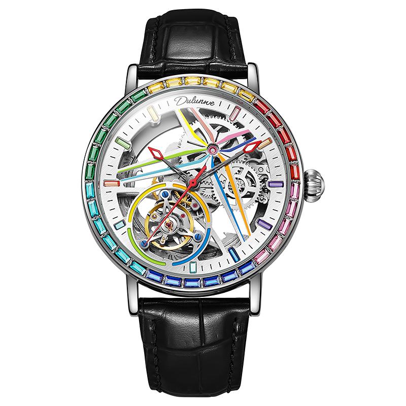 Dulunwe Regenbogenfarbene Edelstein-Tourbillon-Mode-Skelettuhr für Herren, wasserdicht bis 30 m, Sportuhren, luxuriöse automatische mechanische Armbanduhr