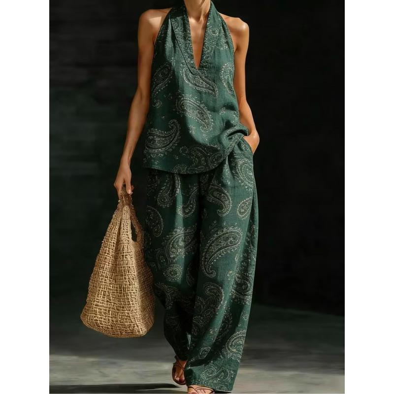 1116 Summer Cool Neck Suit Women's Temperament V-Neck Off-Shoulder Top + High Waist Wide Leg Pants Two-piece Set