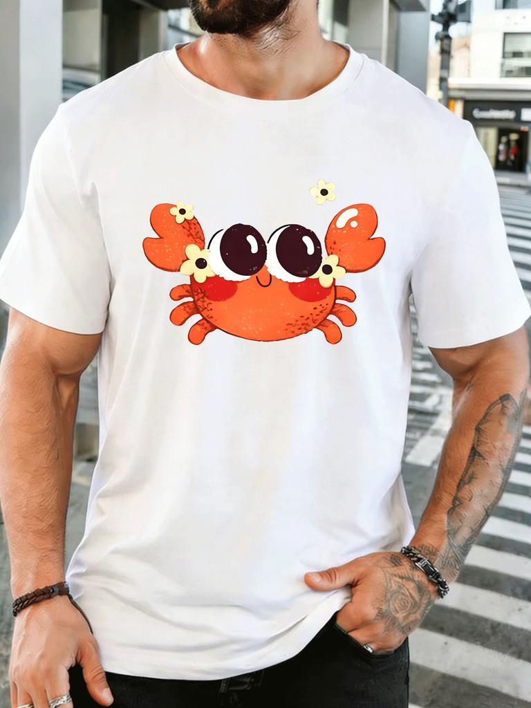 Unisex Short Sleeve T Shirt Cute Crab With Flowers Graphic Tee Sea Animal Print Tops Summer Soft Casual Street Wear For Adult Male