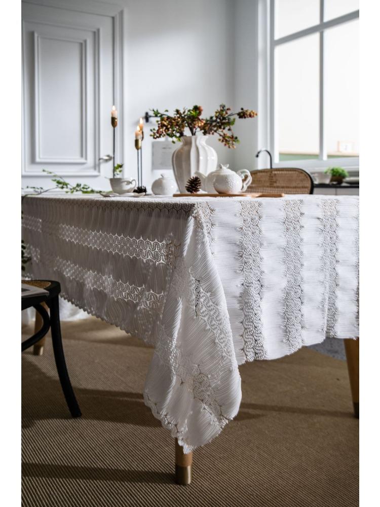 French Retro Jacquard Lace White Tablecloth Household Rectangular Coffee Table Dining Table Fabric Hollow