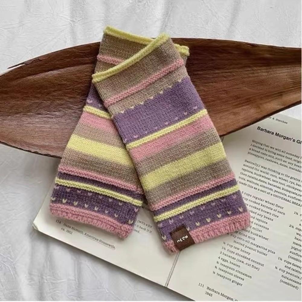 Soft Colorful Striped Fingerless Gloves Writing Work Gloves Retro Women Gloves Winter Wrist Glove
