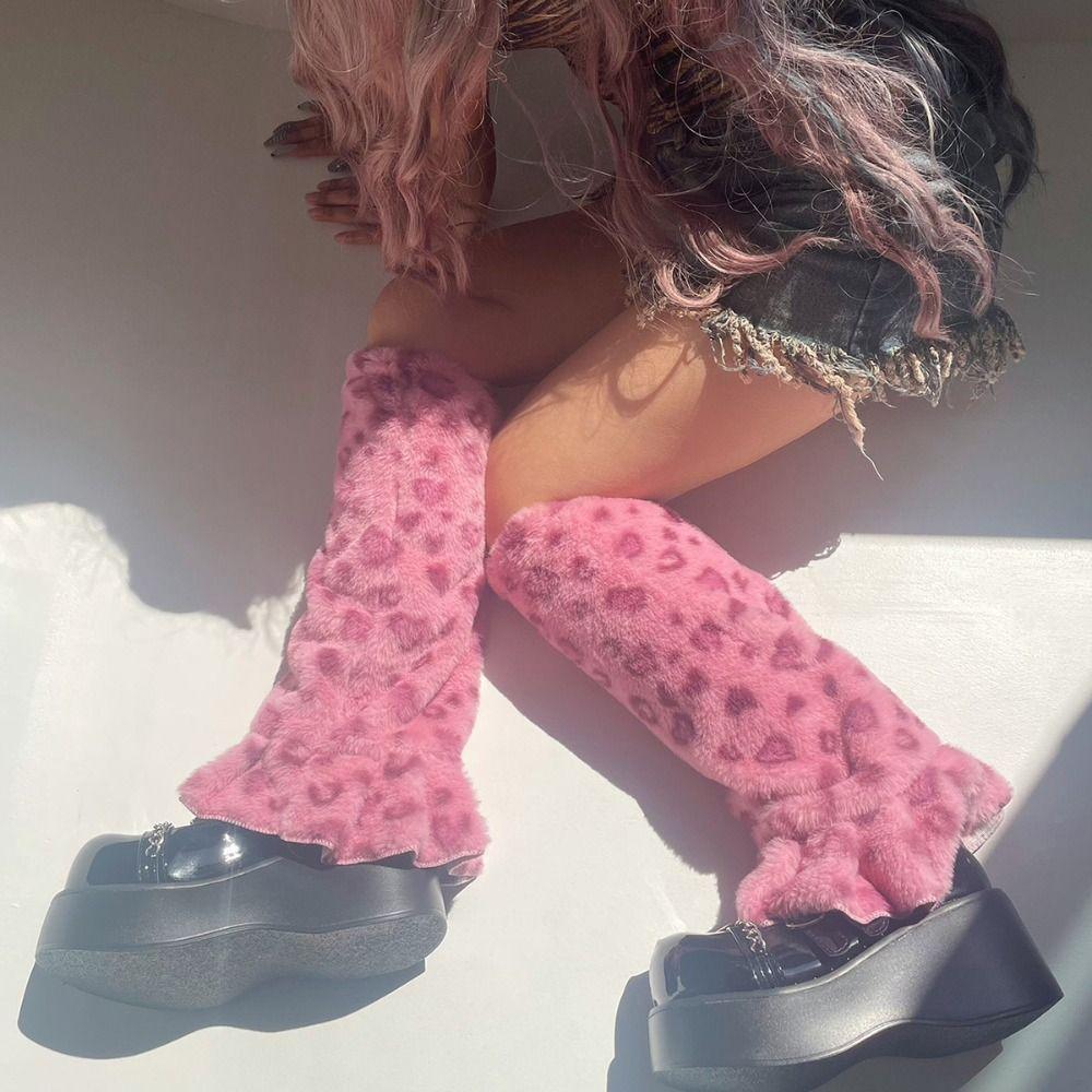 Soft Leopard Print Winter Leg Warmers Dot Stripe Pleated Furry Leg Warmers Kawaii Lolita JK Plush Leg Coverings Accessories
