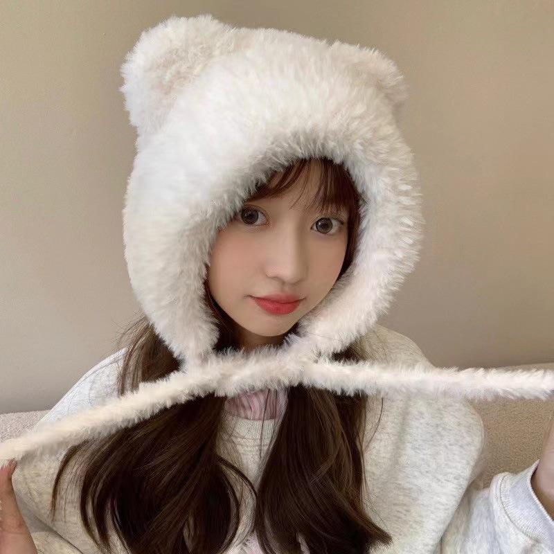 Cute Plush Bear Ears Hat Female Autumn and Winter Warm Ear Protection Big Head Circumference Shows a Small Tide