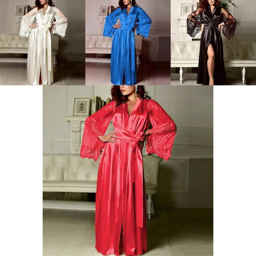 Elegante Camicia da Notte da Donna in Raso di Seta con Pizzo Lingerie Kimono Abbigliamento da Notte Lunga Vestaglia