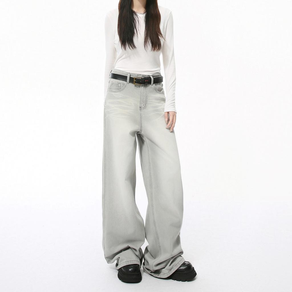 Menswear | Cleanfi Casual Cat Whiskers Washed White Light Grey Straight Wide Leg Jeans