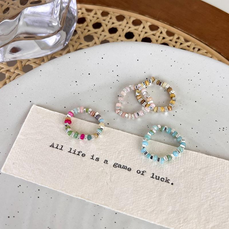 New Colorful Beaded Ring for Women Girls Sweet Personality Irregular Multi Beaded Rice Beads Geometry Metal Rings Jewelry Gifts