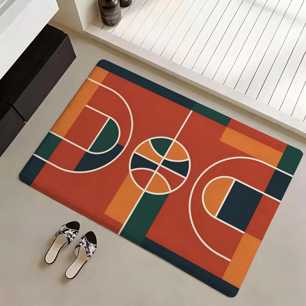 Basketball Court Pattern Floor Mat Eco Flannel Doormat Non-Slip Odorless Indoor Soft Short Plush Floor Rug