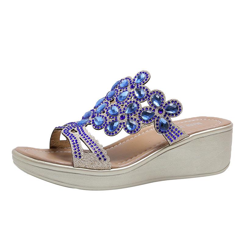 Fish mouth wedge sandals women's 20 summer new thick-soled waterproof table rhinestone sandals wish women's shoes