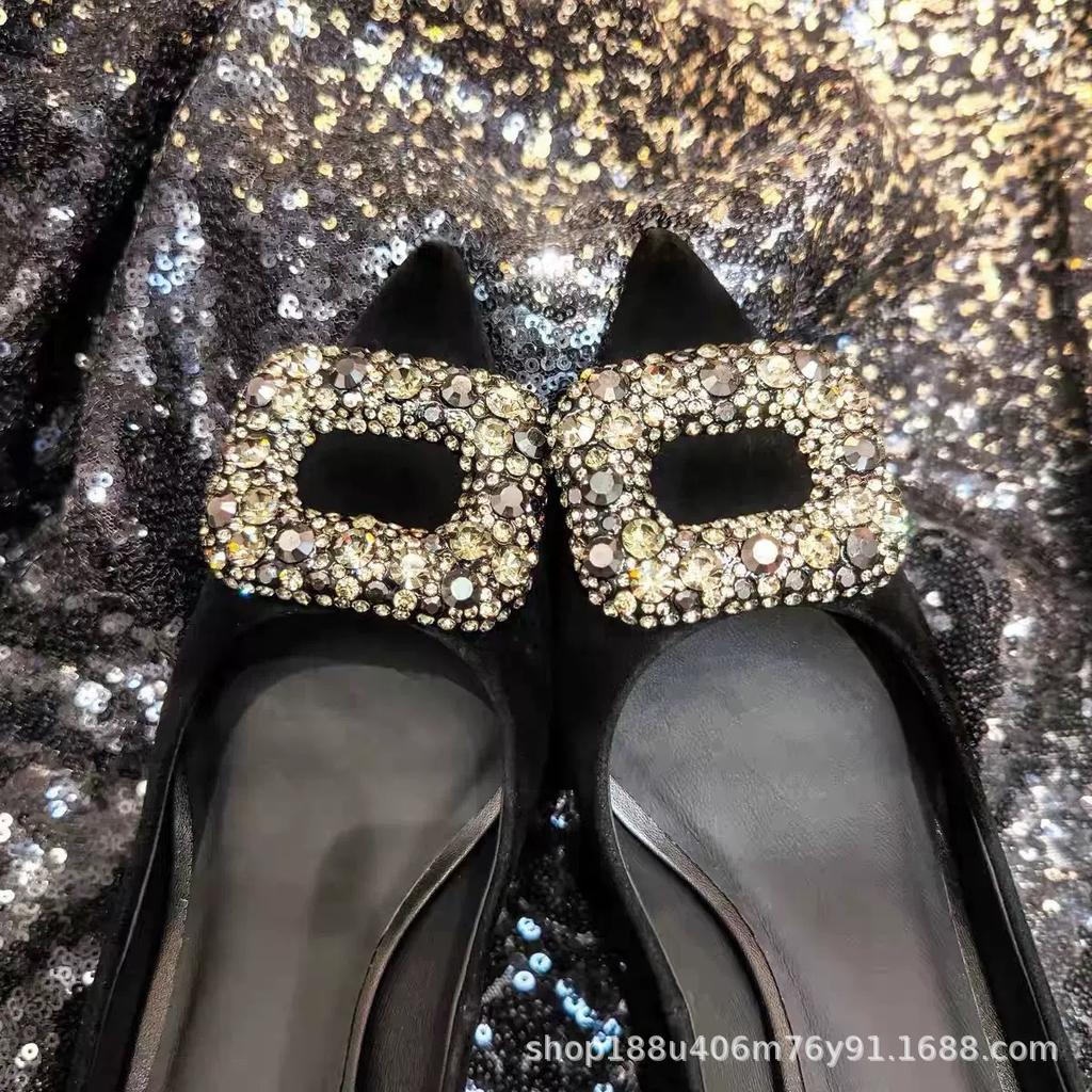 [Spot] New square buckle high heels femininity advanced not tired feet thin heels black work shoes pointed single shoes