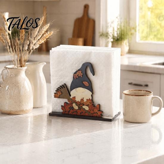 Harvest Festival Napkin Stand Thanksgiving Solid Wood Holder, Fall Gnome Scarecrow Turkey Tissue Autumn Tableware Dispenser, Waterproof Hand-Painted