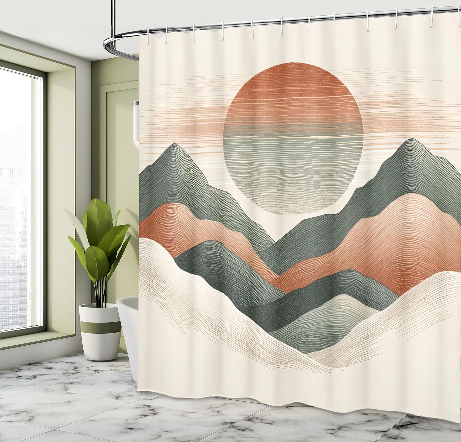

Neutral Shower Curtain, Modern Abstract Aesthetic Drawing Of Mountains With Sun In Warm Tones, Cloth Fabric Bathroom D W60H190(CM)-1 Pcs