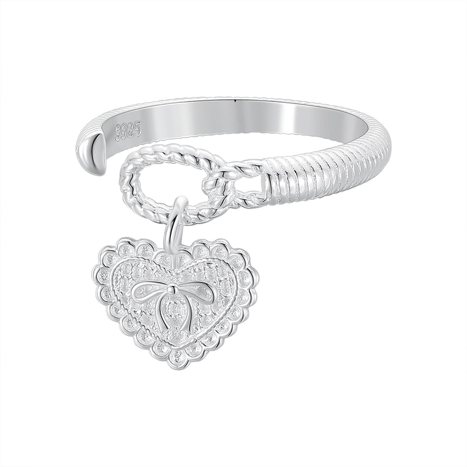 S925 Silver Lace Heart Bow Adjustable Ring for Women - Niche Design, Simple Ins Cold Style Open Adjustable