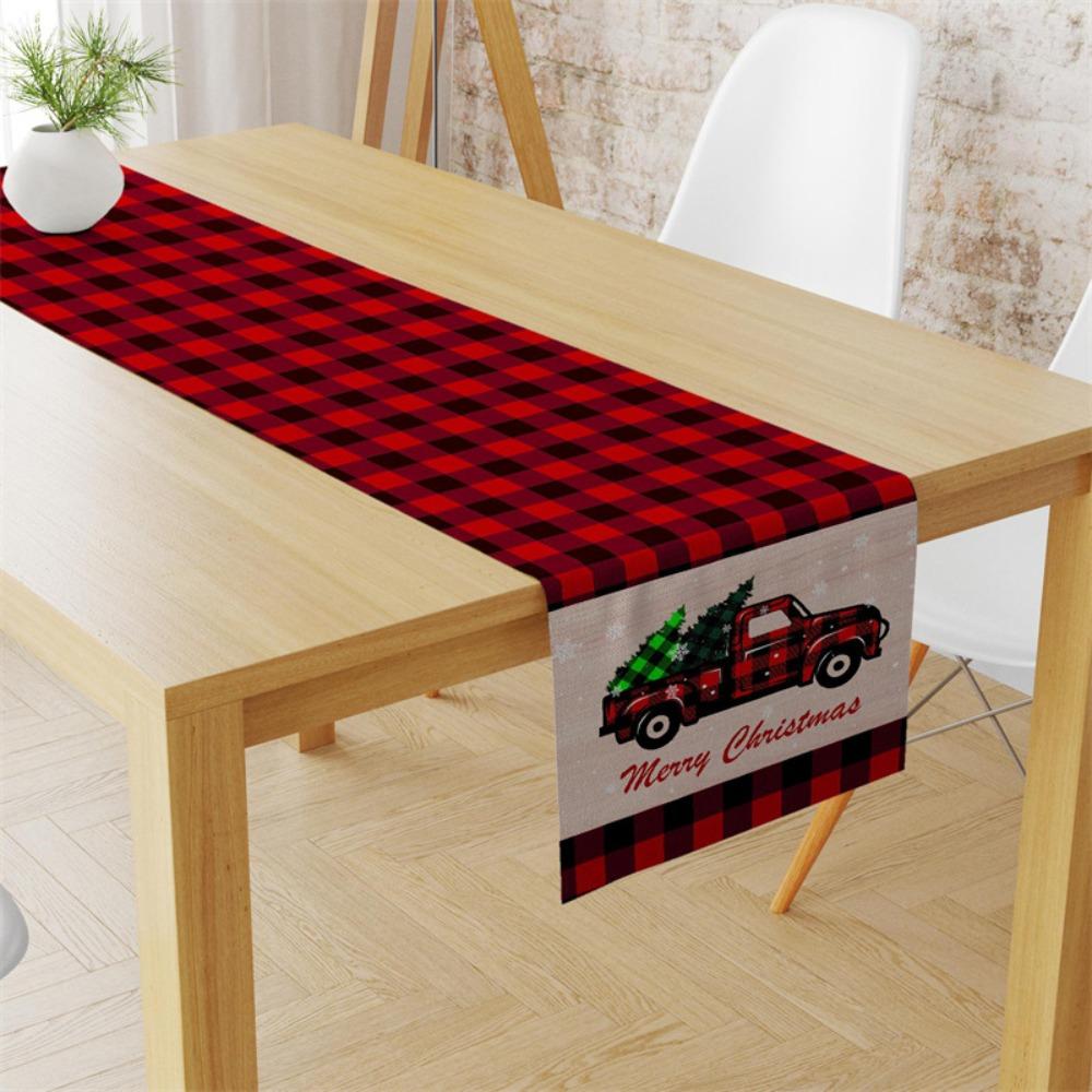 Festive Christmas Table Runner with Holiday Print Linen Table Cover for Home Decor
