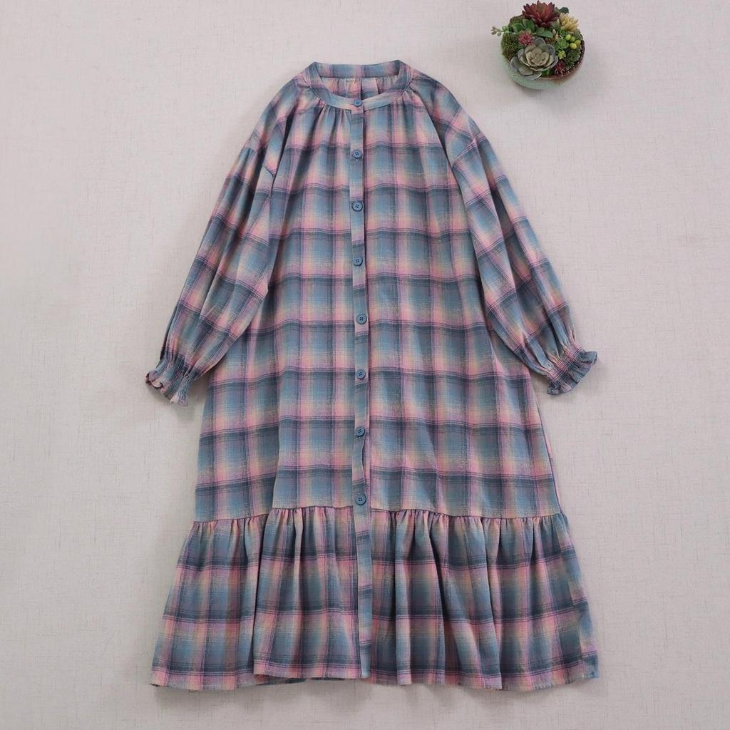 2025 Autumn Plaid Round Neck Long Sleeve Mori Girl Dress - Loose and Versatile Cardigan Style