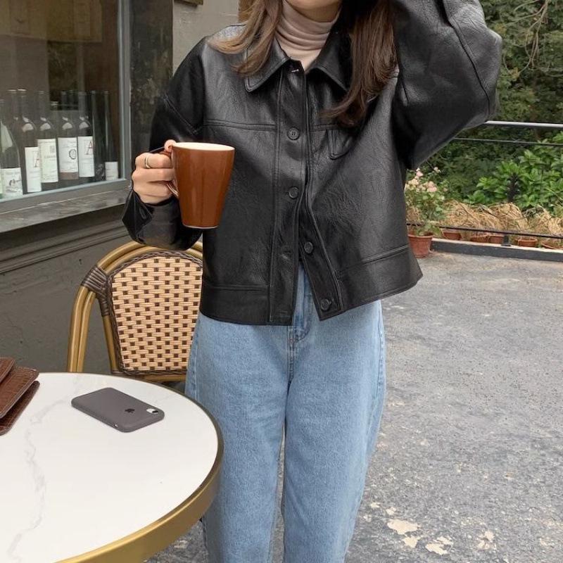 Women's European Style Brown PU Leather Jacket - Retro Petite Spring/Autumn 2025