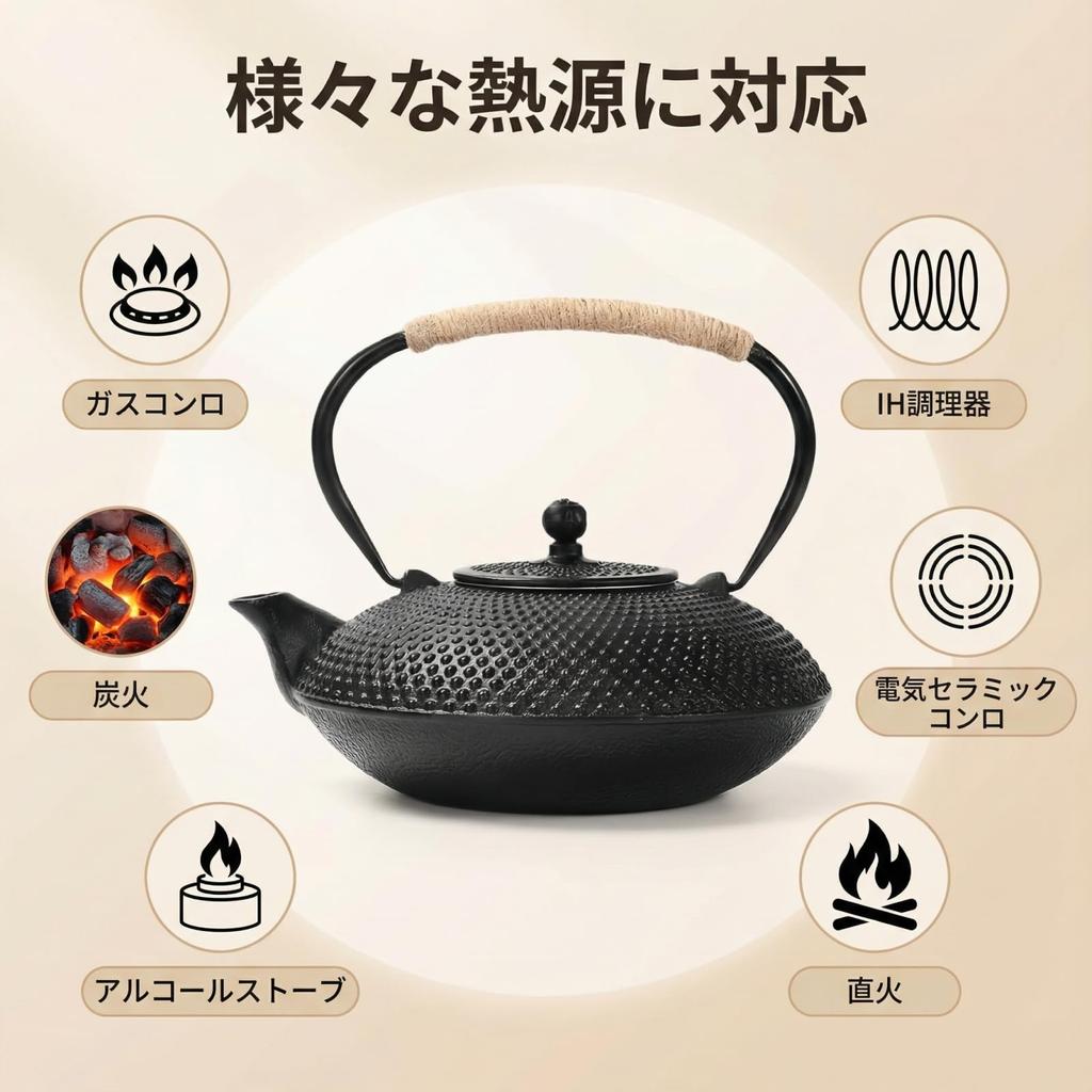 Qoexio Iron Teapot, Nambu Ironware, IH Compatible, Teapot with Tea Strainer, Iron Supplementation, Suitable for Direct Flame, Traditional Craft, Gift