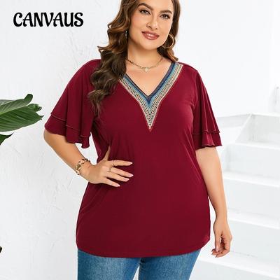 Übergröße Sommer Damen T-Shirt Spitze V-Ausschnitt Einfarbig T-Shirt Kurzarm Top