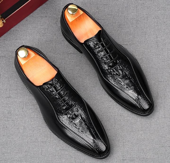 Fashion Fashion Men's Black Pointed Lace Up Patent Leather Oxfords Flats Casual Shoes Male Homecoming Wedding Dress Zapatillas Hombre