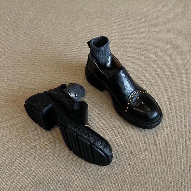 Sheepskin version~ British style small leather shoes women's leather thick-soled rivets one pedal deep loafers elastic single shoes