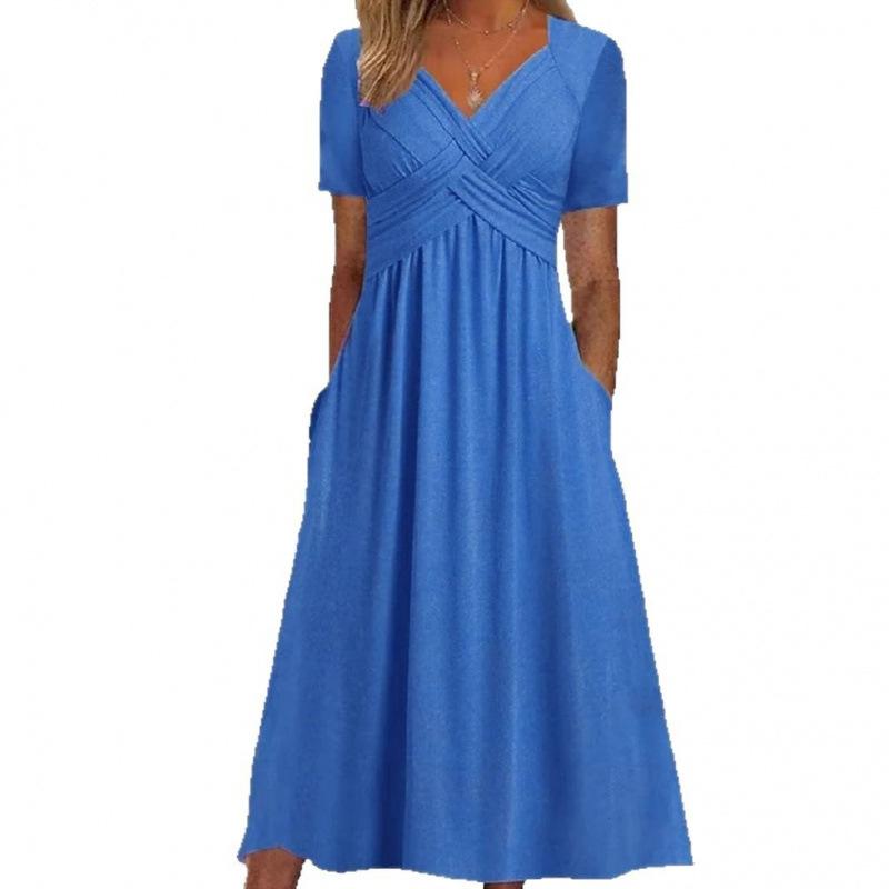 Women's V Neck Short Sleeve Maxi Dress Loose Fit High Waist Casual Summer Long Dress