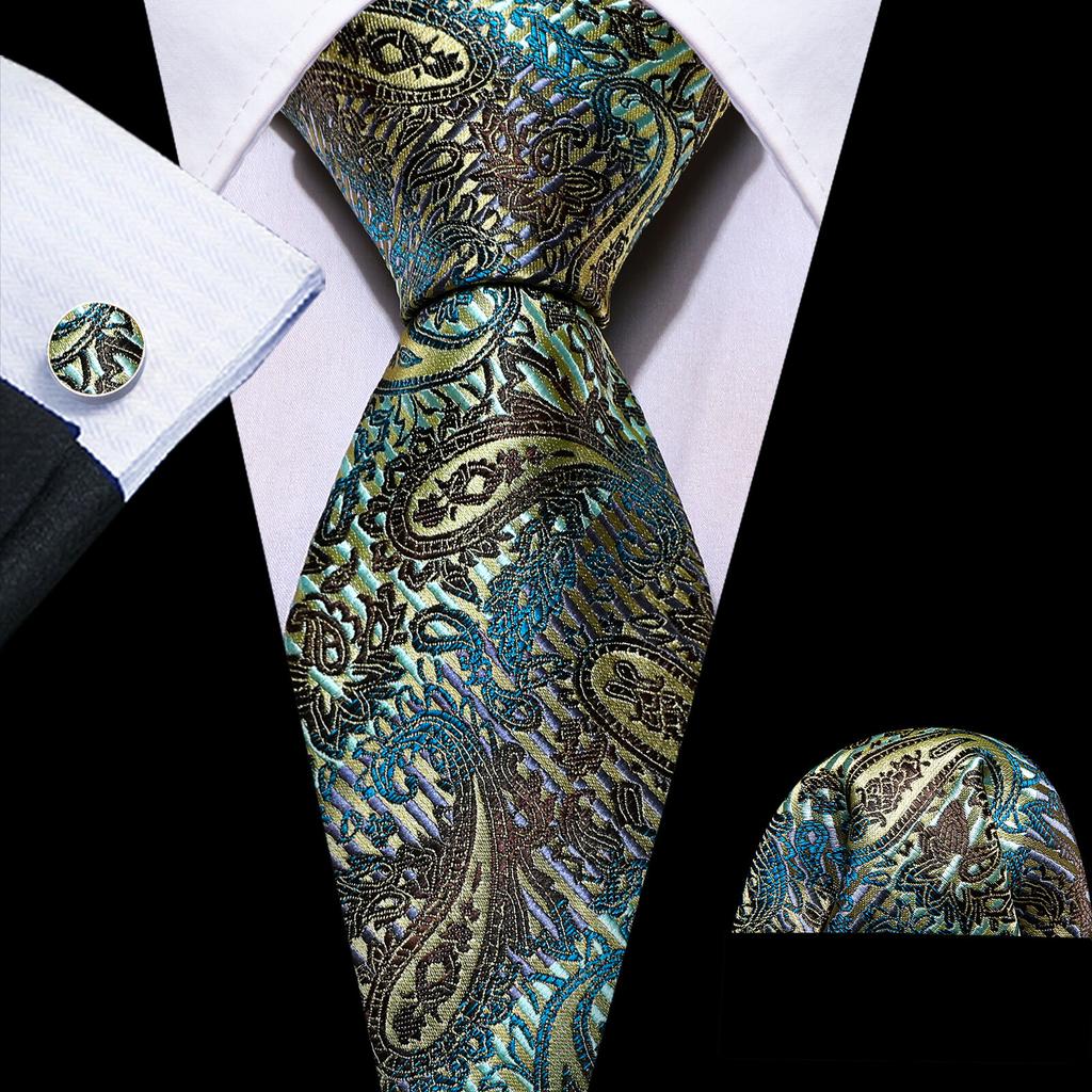 Barry.Wang Floral Ties for Men Woven Paisley Wedding Necktie Handkerchief Cufflinks Formal Casual Set