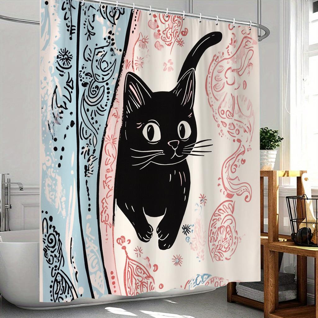 1pc Stain Resistant Shower Curtain - Cute Cartoon Kitten and Floral Paisley Digital Print, Polyester Fabric with Hooks