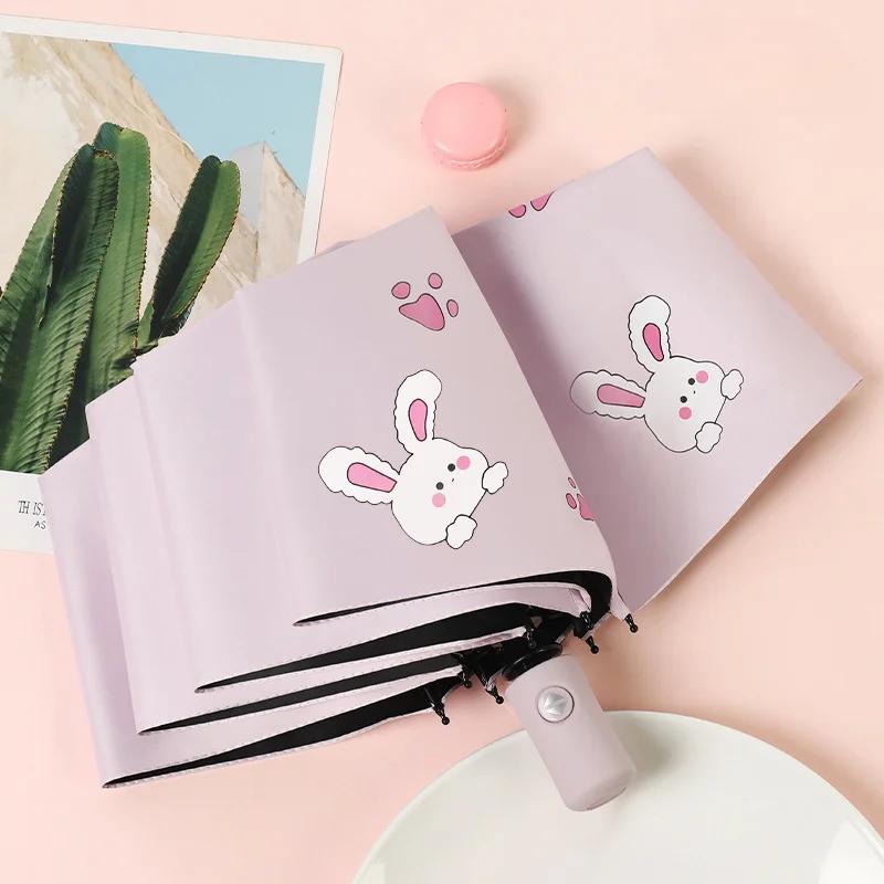 Cute Kids Umbrella Thick Black Glue Fully Automatic Umbrella Rabbit Sunshade for Child Student Waterproof Sunproof UV Umbrellas