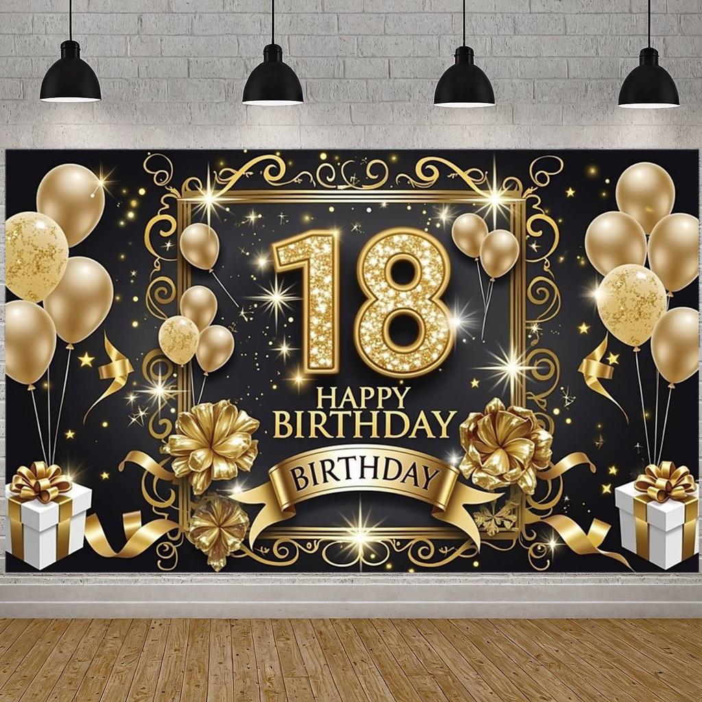18th Birthday Banner Black Golden Color Decoration Polyester Material For Party Celebration Indoor Decor Birthday Celebration