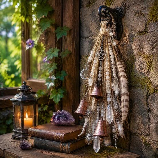 Regalo da Strega per Compleanno, Campanello da Porta da Strega Decorazione,acchiappasole Boho, Carillon a Vento Retrò, Carillon Stella Pentagramma Luna Decorazione per la Casa Ornamento da Appendere