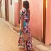Women Spring Summer Strapless One-Shoulder Print Ankel-Length Dress V-neck High Waist