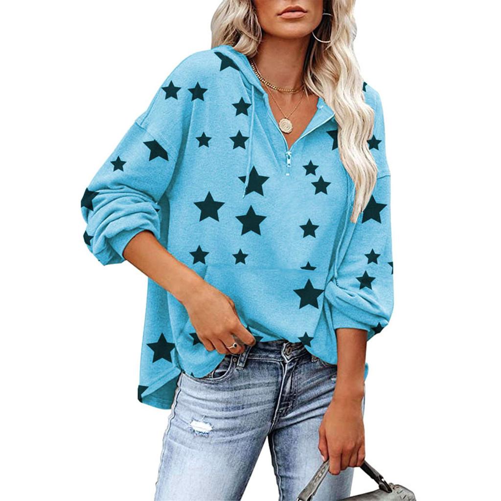 Women's Fashion Casual Long Sleeve Pentagram Print Hooded Women's Sweater T-Shirt