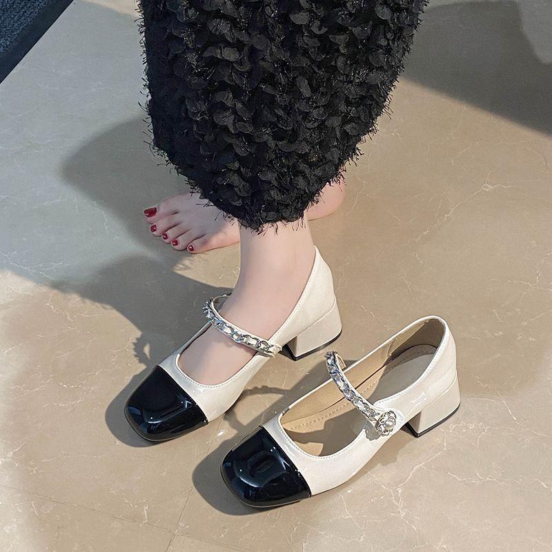 Increase the height of Mary Jane's small leather shoes to show the legs, spring and autumn niche design, pearl rectangular