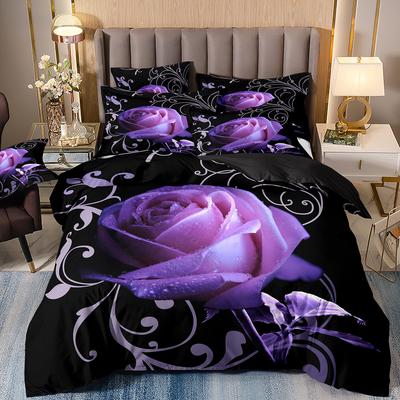 Three-Piece Rose Floral Style 3D Printed Quilt Cover Home Textile Bedding Kit
