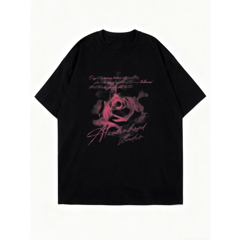 Oversized T Shirt Black Rose And Text Print Graphic Tee For Casual Wear And Street Style