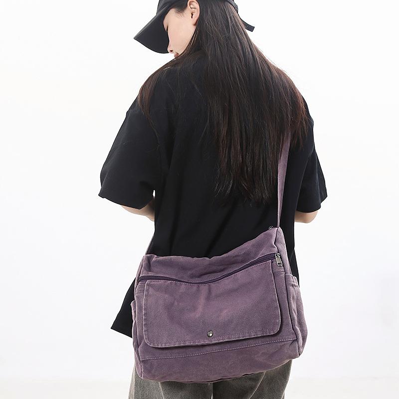 Crossbody Bag Canvas Bag Female College Student High School Student Simple Large Capacity Wind Solid Color Shoulder Bag Trendy Man