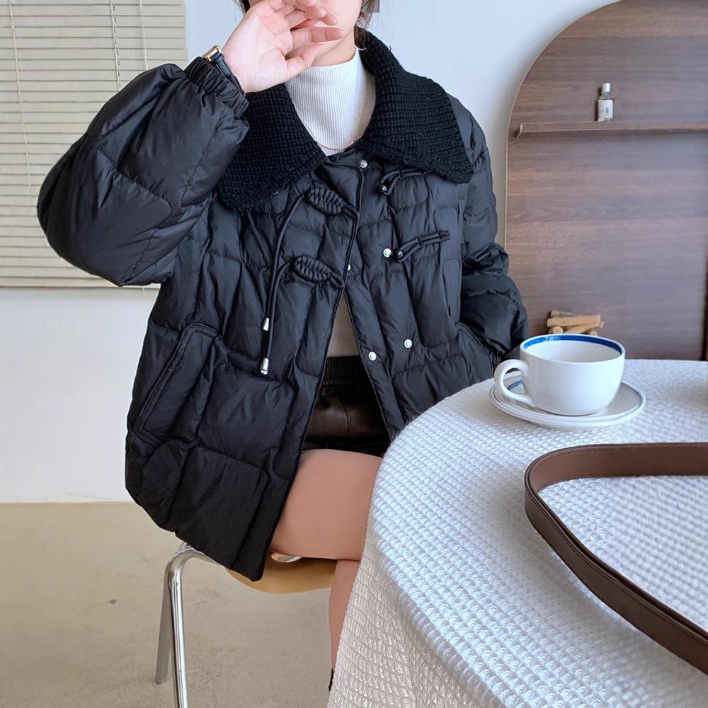 2023 Winter Korean Style Slimming Knit Lapel Chic White Duck Down Jacket