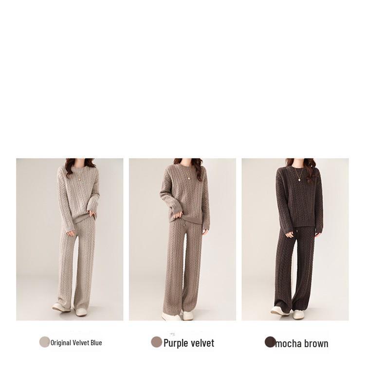 Women's 24 Autumn/Winter Korean Loose Twisted Wool Suit: Cozy Round Neck Sweater & Straight Pants Set
