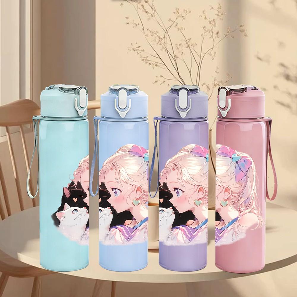 1PC Pastel Anime Girl Character Print 750ml Color Plastic Sports Water Bottle Leakproof Flip Straw Lid Suitable for Sports Office Home Use