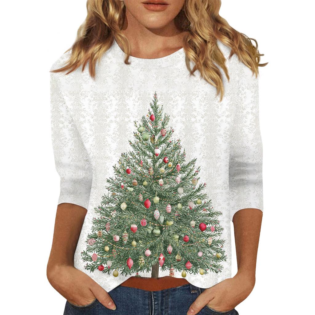 Women's O-Neck 3/4 Sleeve Christmas Print Top