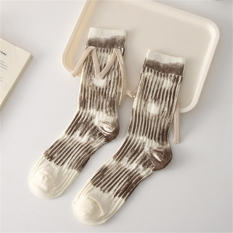 Japanese Women Y2K Graffiti Tie Dye Cotton Crew Socks Harajuku M Letter Ribbed Knit Skateboard Middle Tube Calf Socks