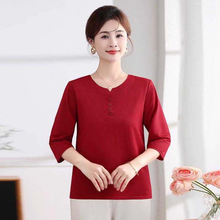 

Women s Casual Spring/Autumn Thin T-shirt, Large Size, Three-Quarter Sleeve Mother s Wear Top 2XL червоний