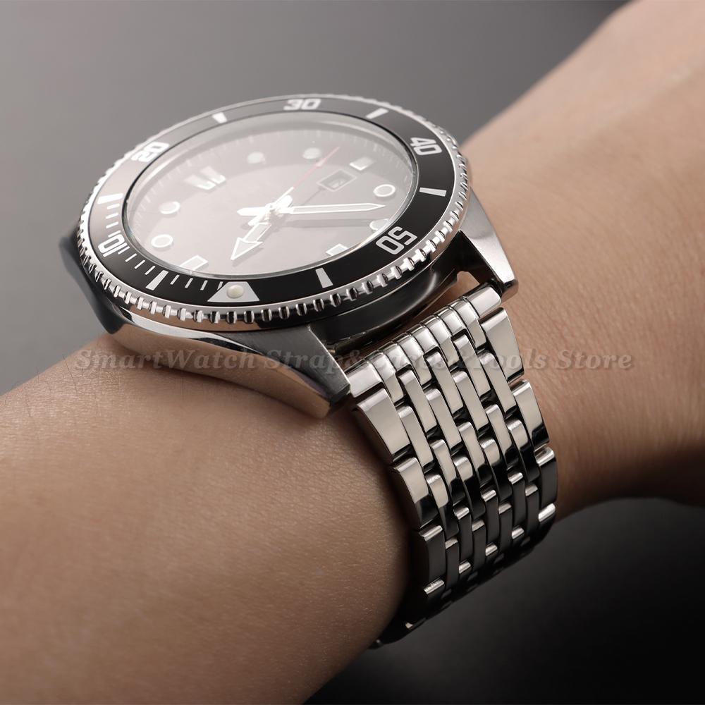 Silver Stainless Steel Watch Band 18mm 20mm 22mm Replacement Strap Double Press Folding Clasp Metal Watch Bracelet for Men Women