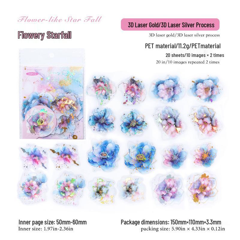 Flowing Light Dream Series: 3D Laser Silver Watercolor Stickers (20 Sheets)