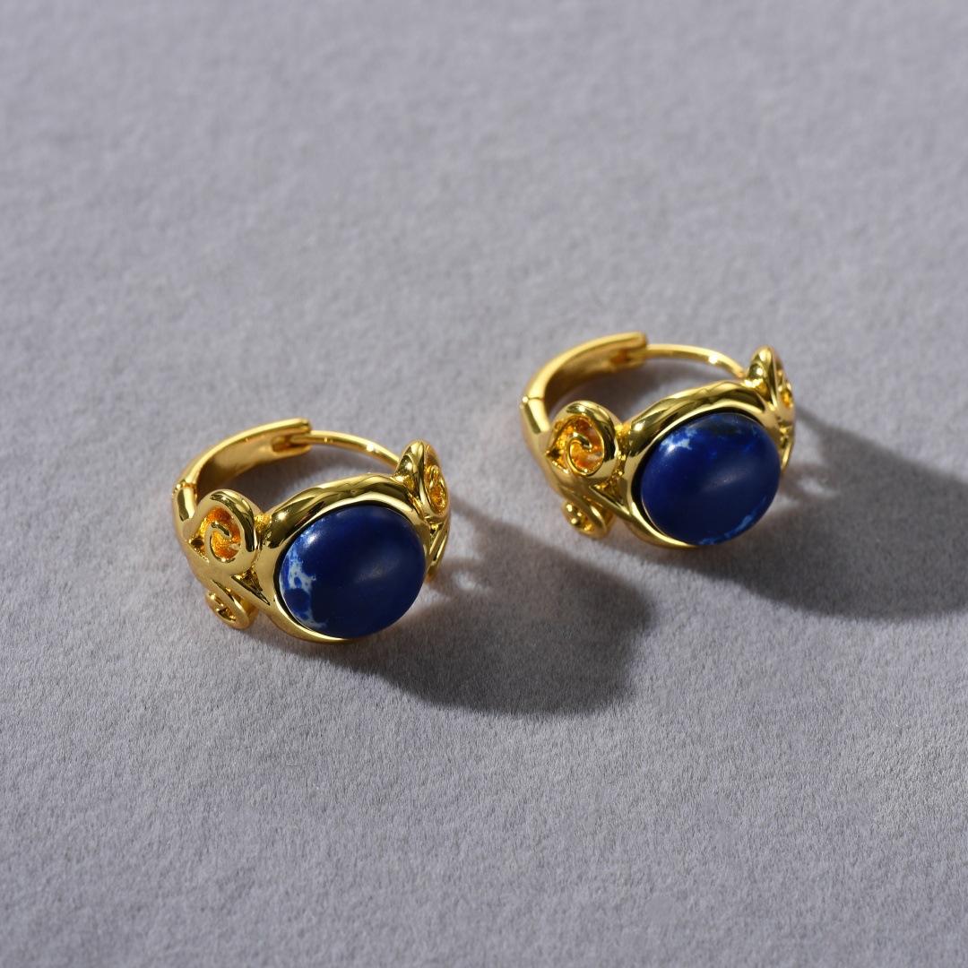 Французские ретро-серьги-гвоздики премиум-класса из металла с покрытием из настоящего 18-каратного золота, инкрустированные лазуритом. Уникальные и модные серьги для женщин.