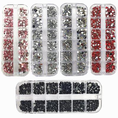 12-komorowy Nail Art: Rhinestones akrylowe i naklejki z płaskim tyłem w różnych rozmiarach, w kolorach Silver AB i jaskrawoczerwonym